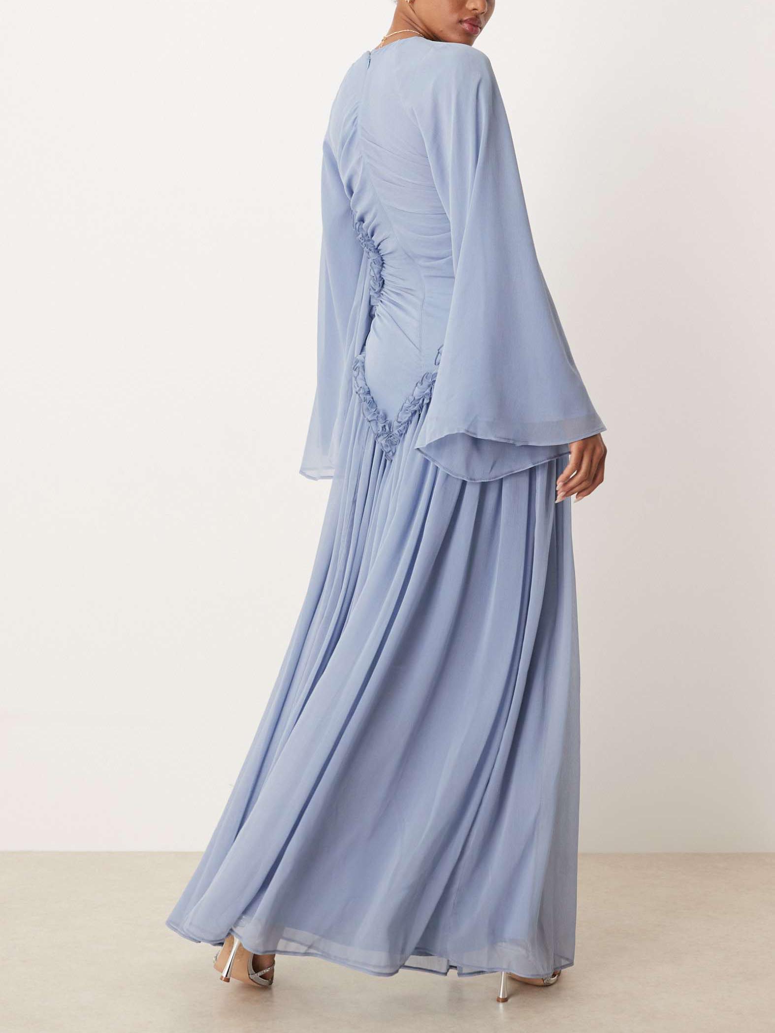 Elegant Pleated Ruffle-Trim Chiffon Maxi Dress