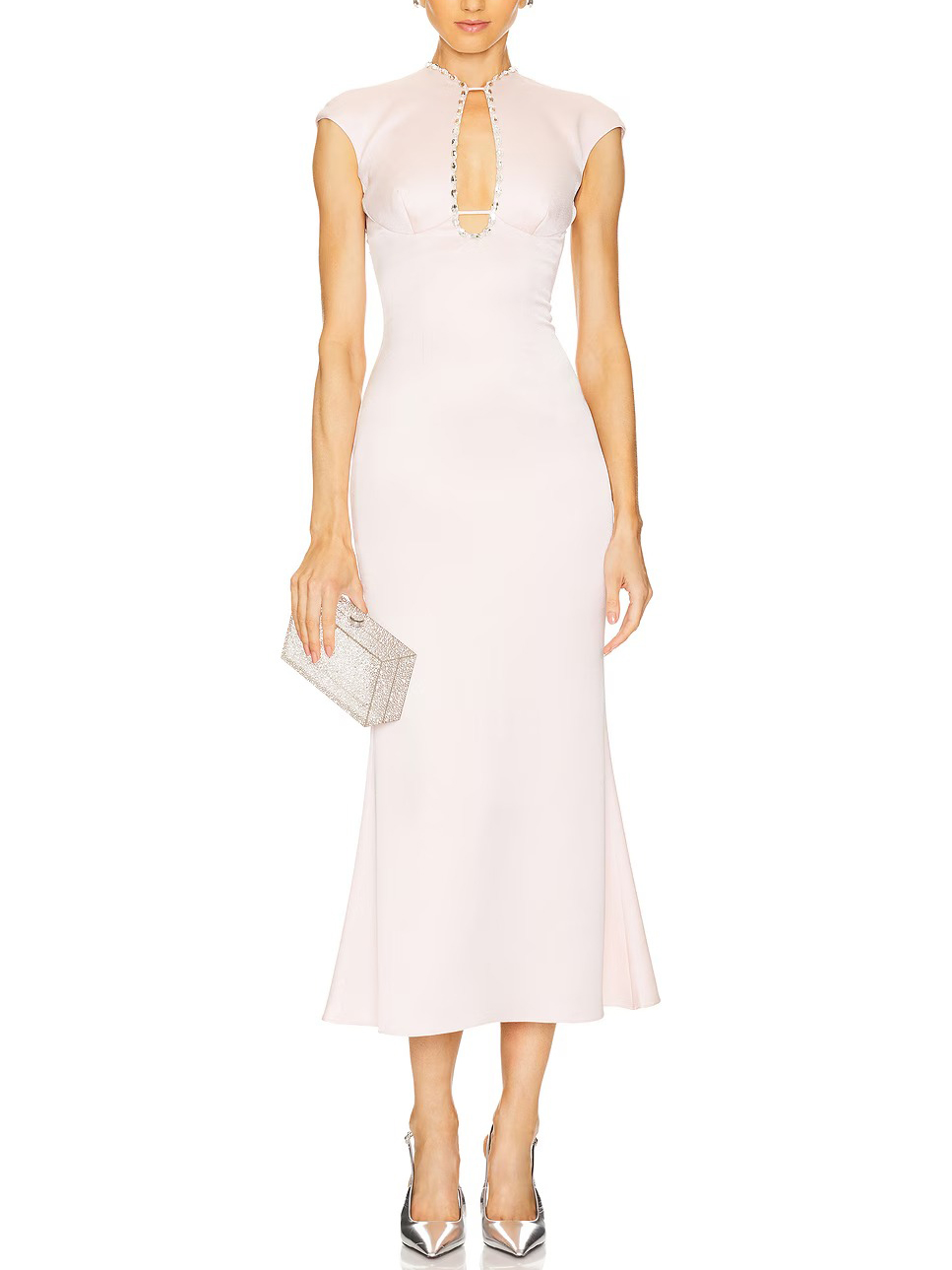 Elegant Satin Crystal Embellished Midi Dress