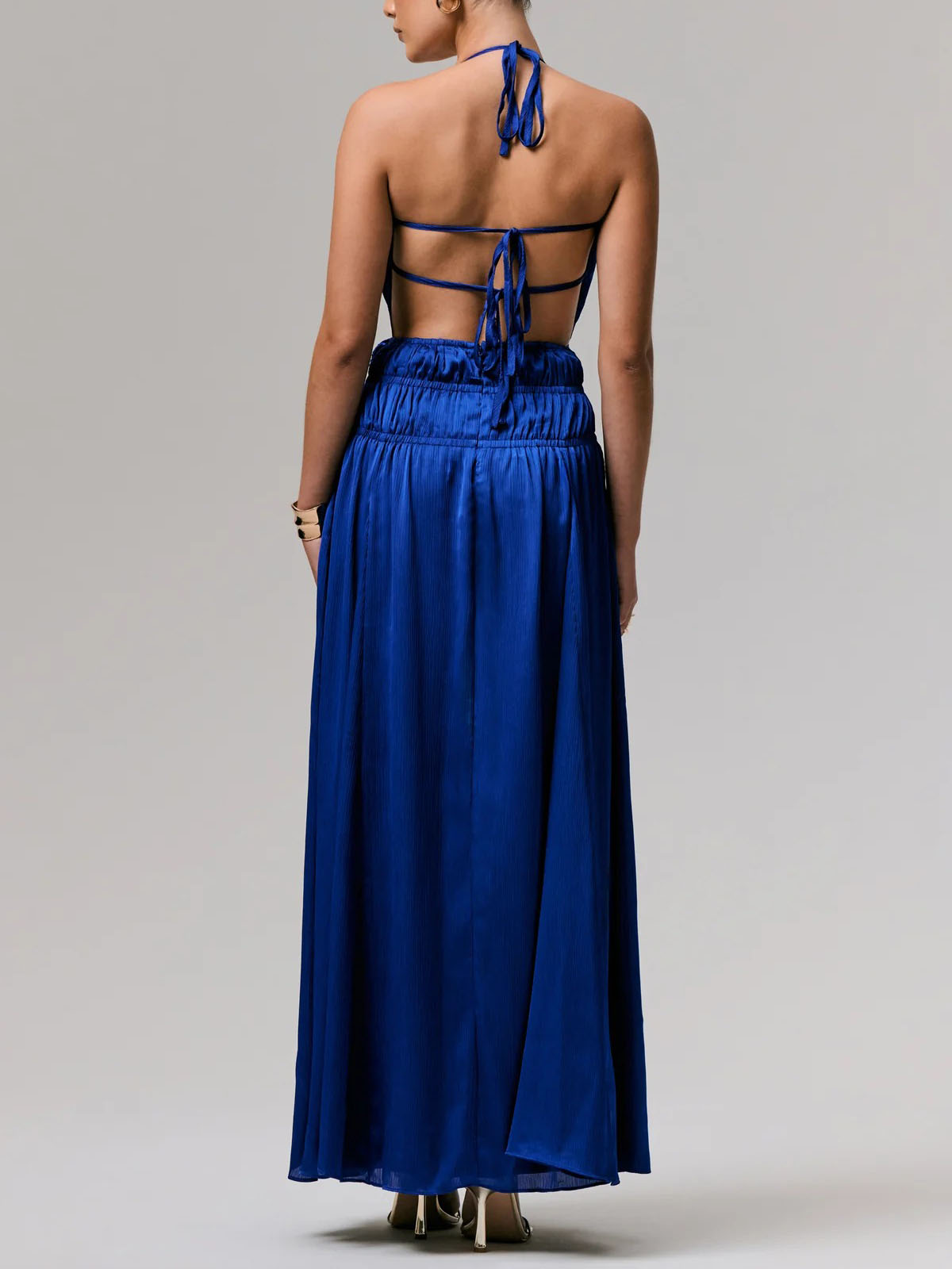 Exquisite Halterneck Lace-up Deep V-neck Satin Maxi Dress