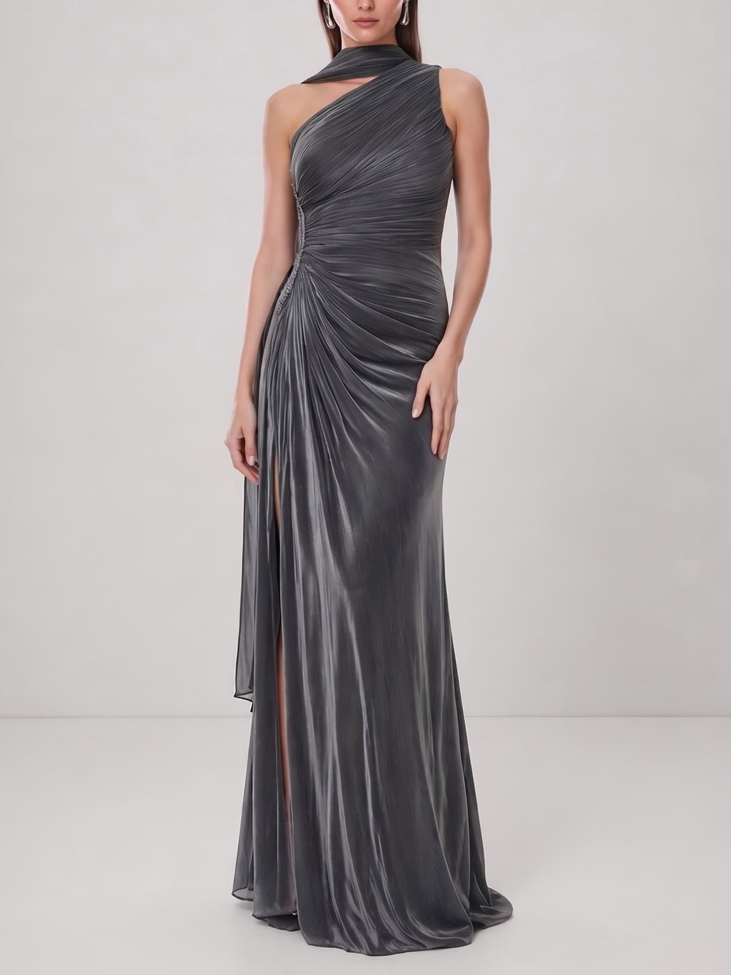 Elegant One-Shoulder Ruched Satin Maxi Dress