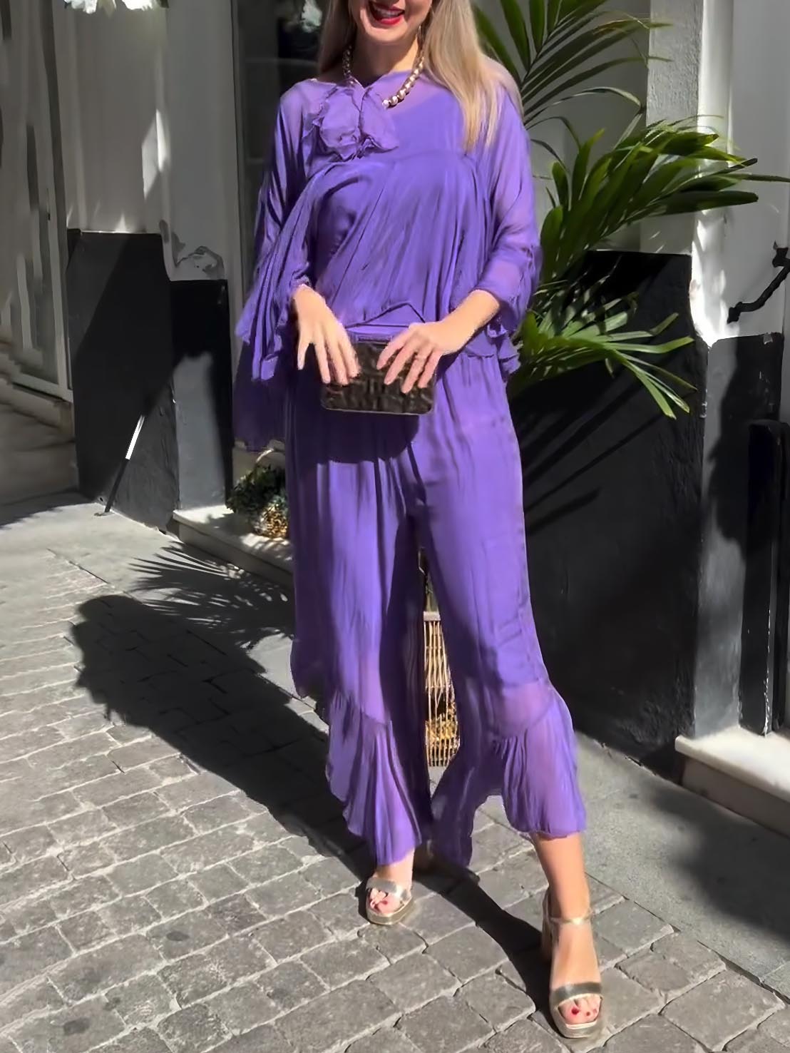 Elegant Asymmetrical Top & Ruffle Wide-Leg Pants Two-Piece Set