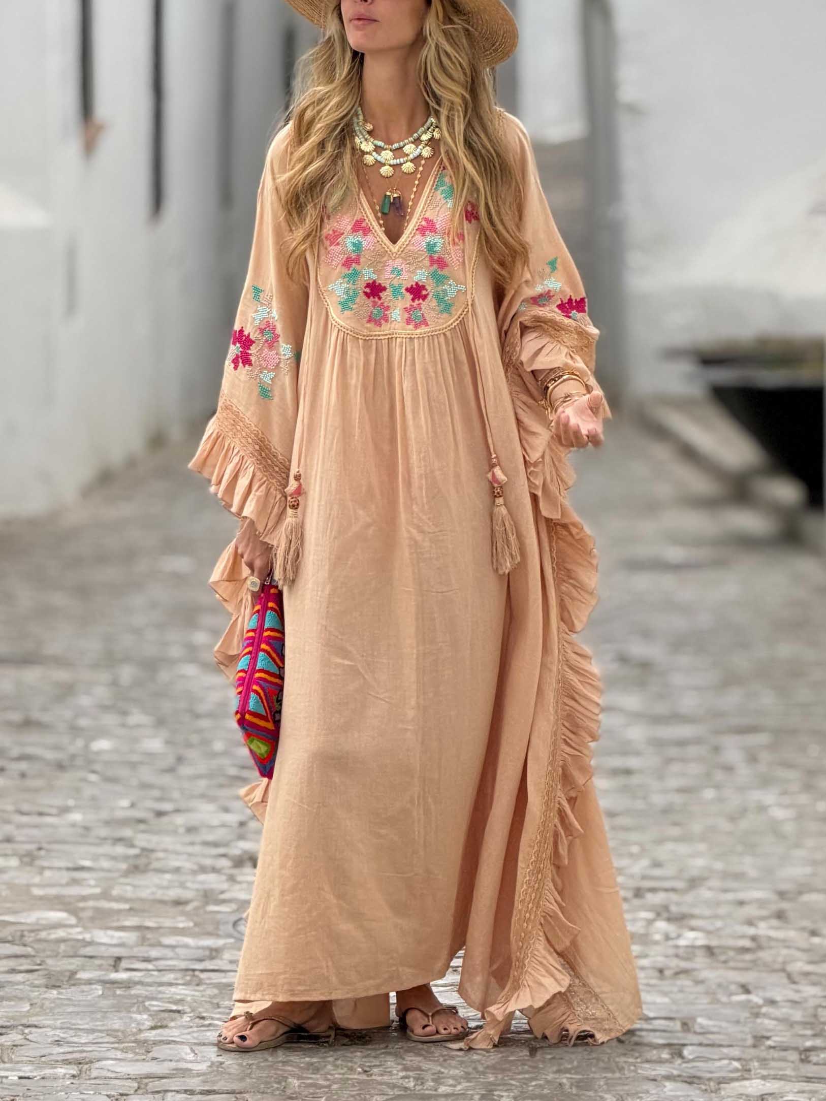 Bohemian Colorful Floral Embroidered Maxi Dress
