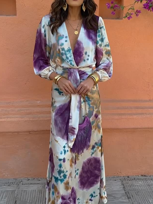Elegant Watercolor Print Satin Top & Skirt Two-Piece Set