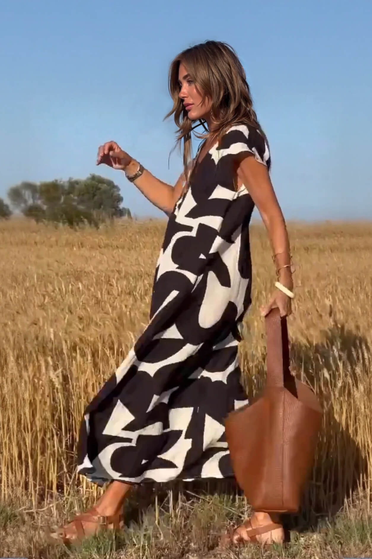 Casual Geometric Print V-neck Loose Maxi Dress