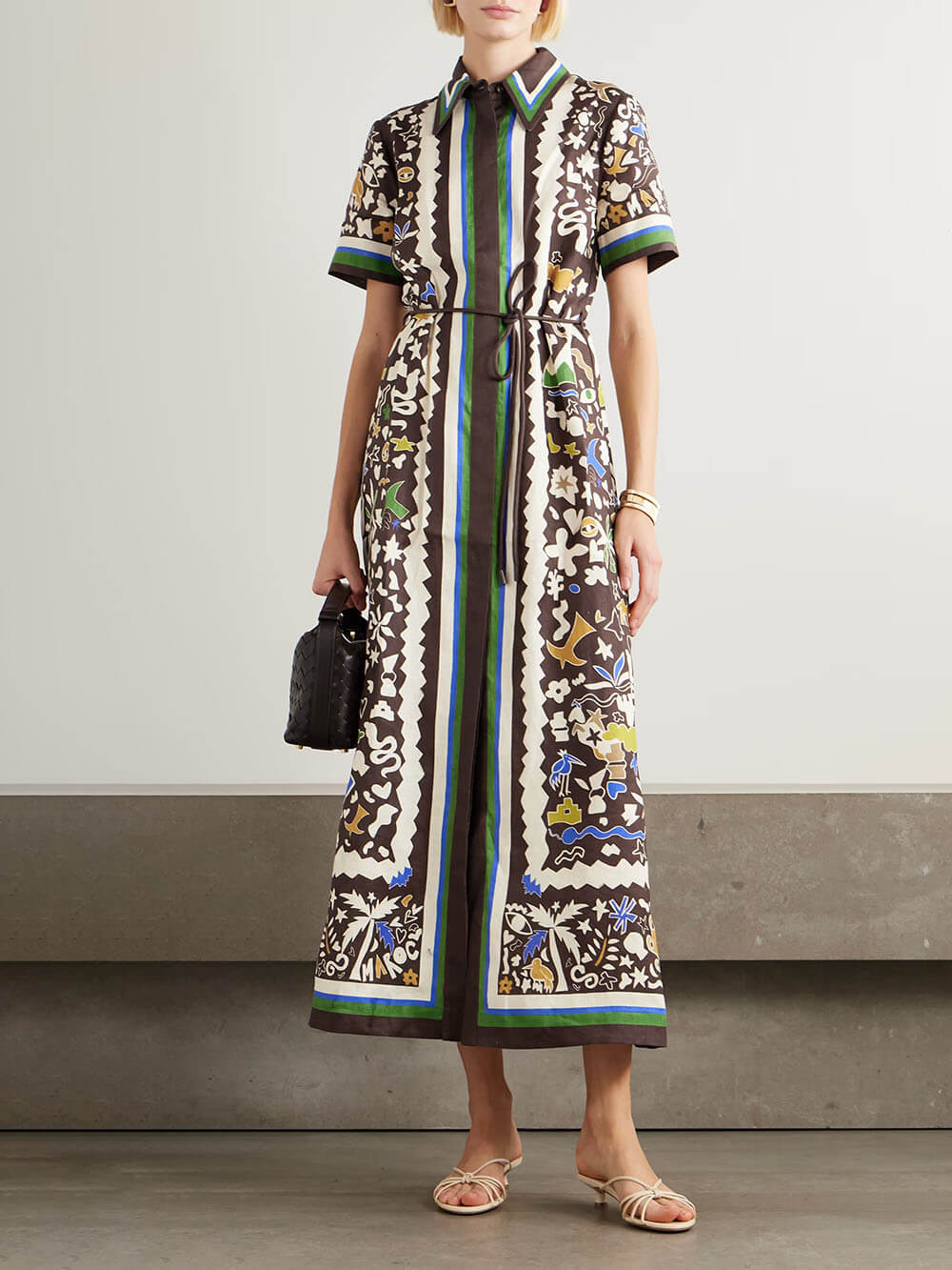 Unique Retro Moroccan Print Belted Linen Midi Dress