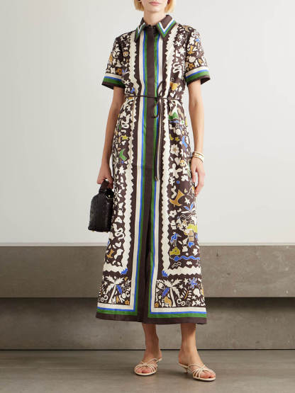 Unique Retro Moroccan Print Belted Linen Midi Dress