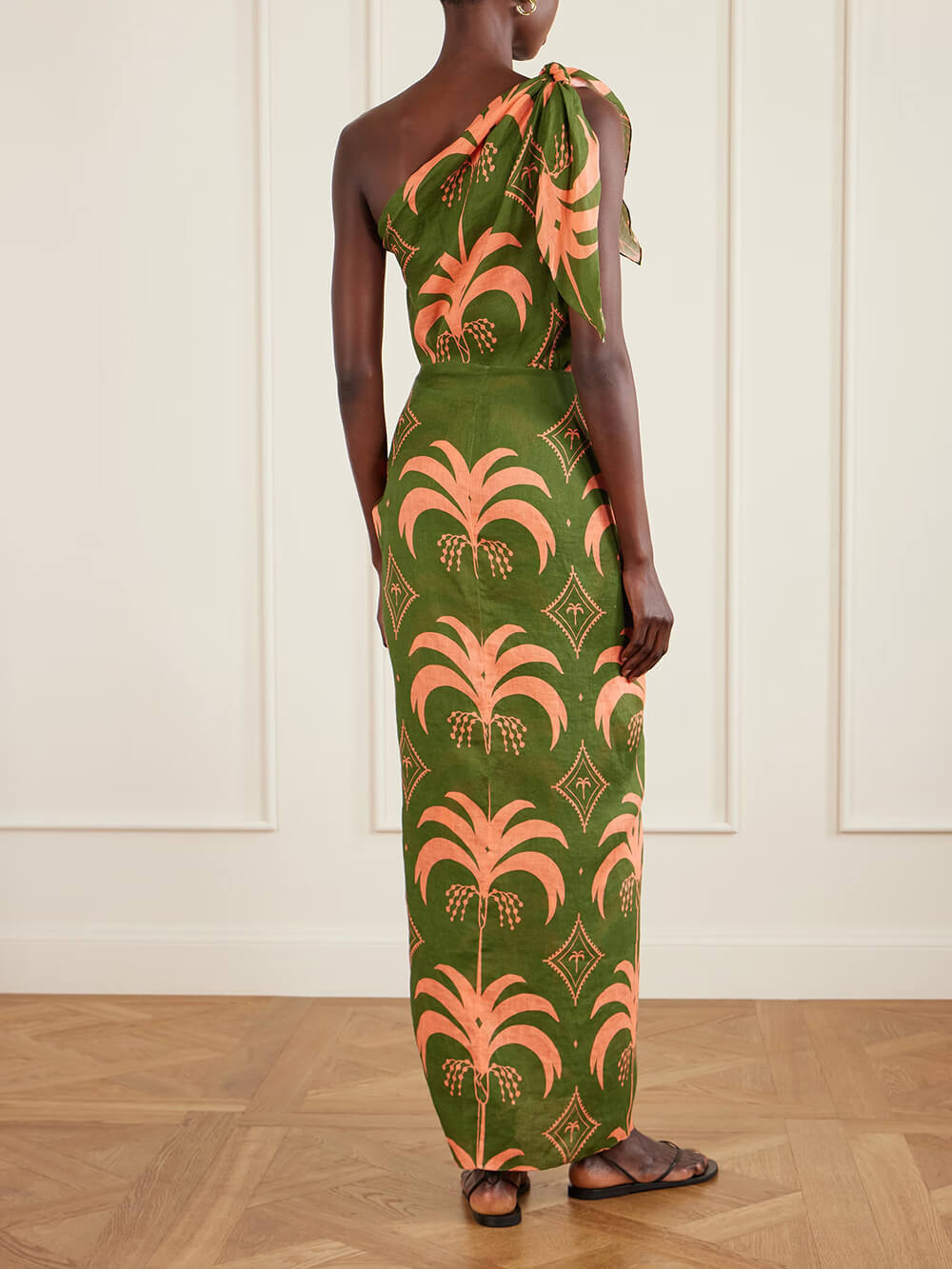 Unique Seaweed Print One-Shoulder Linen Maxi Dress