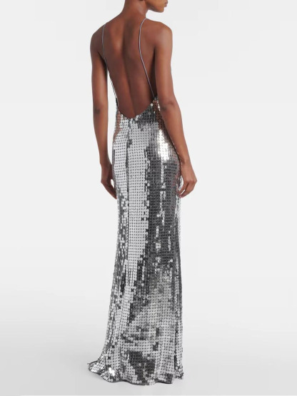 Elegant Sequined V-neck Open-back Maxi Dress