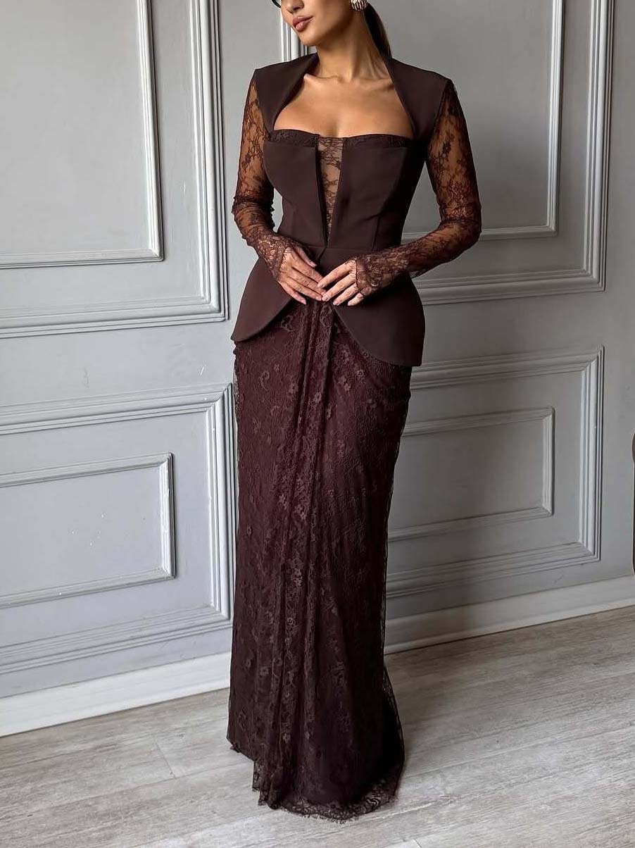 Elegant Lace Pleated Evening Gown Maxi Dress