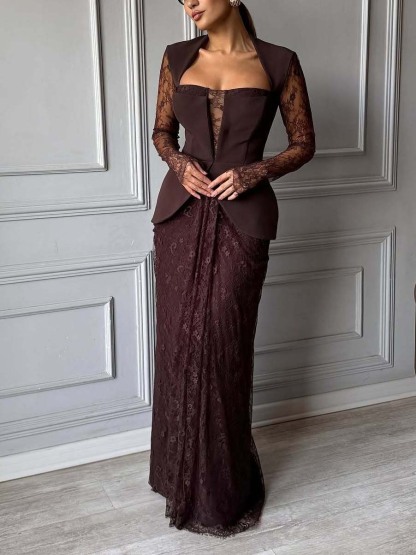 Elegant Lace Pleated Evening Gown Maxi Dress