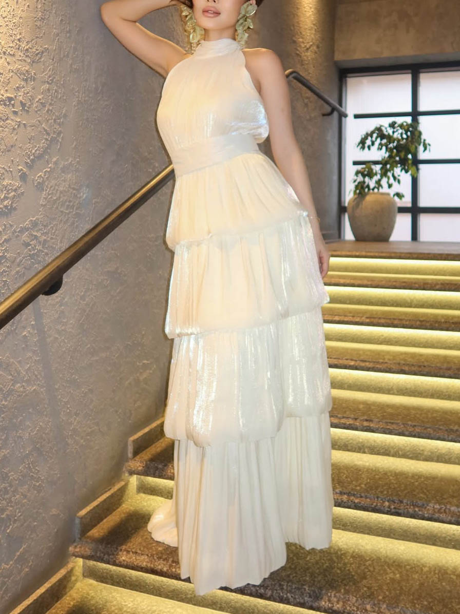 Elegant Metallic Halter Tiered Layered Maxi Dress