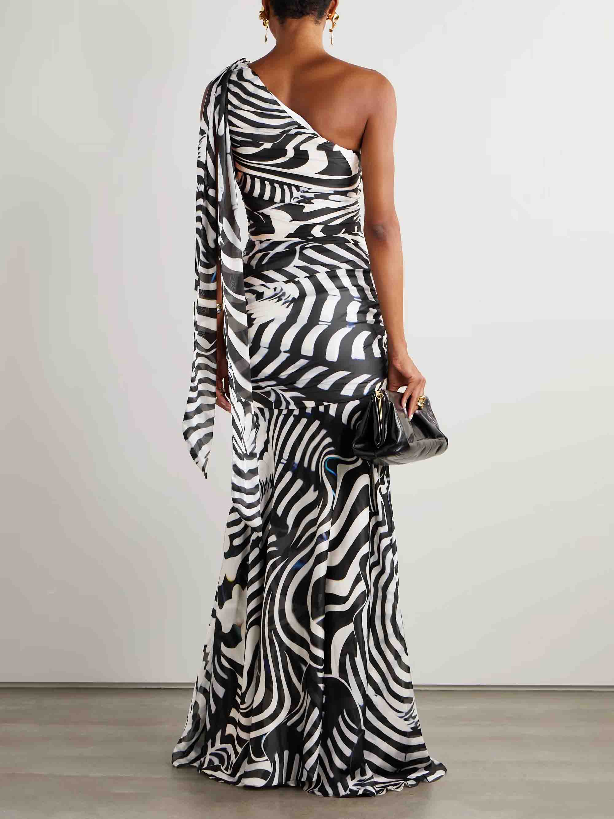 One-shoulder Animal Print Chiffon Flowy Maxi Dress