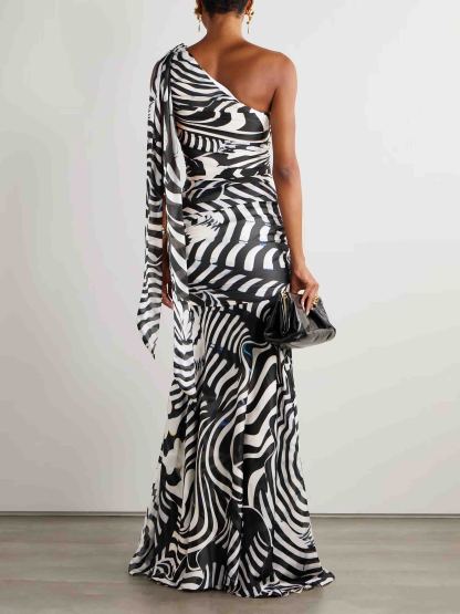 One-shoulder Animal Print Chiffon Flowy Maxi Dress