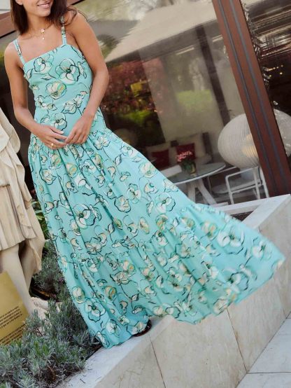 Elegant Floral Print Drop Waist Tiered Maxi Dress