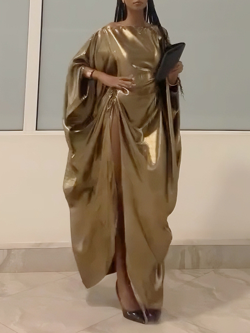 Elegant Metal Drawstring Bat Sleeve Robe Dress