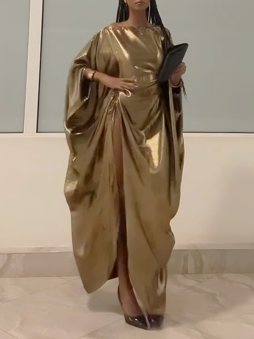 Elegant Metal Drawstring Bat Sleeve Robe Dress