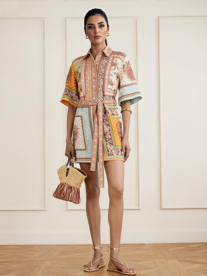 Retro Scarf Print Short-sleeved Tie-front Shirt Dress