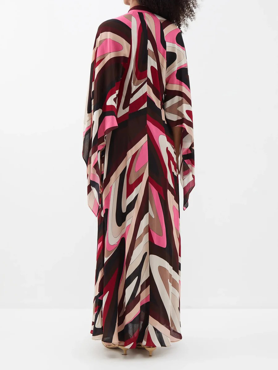 Retro Abstract Print Trumpet Sleeve Maxi Dress