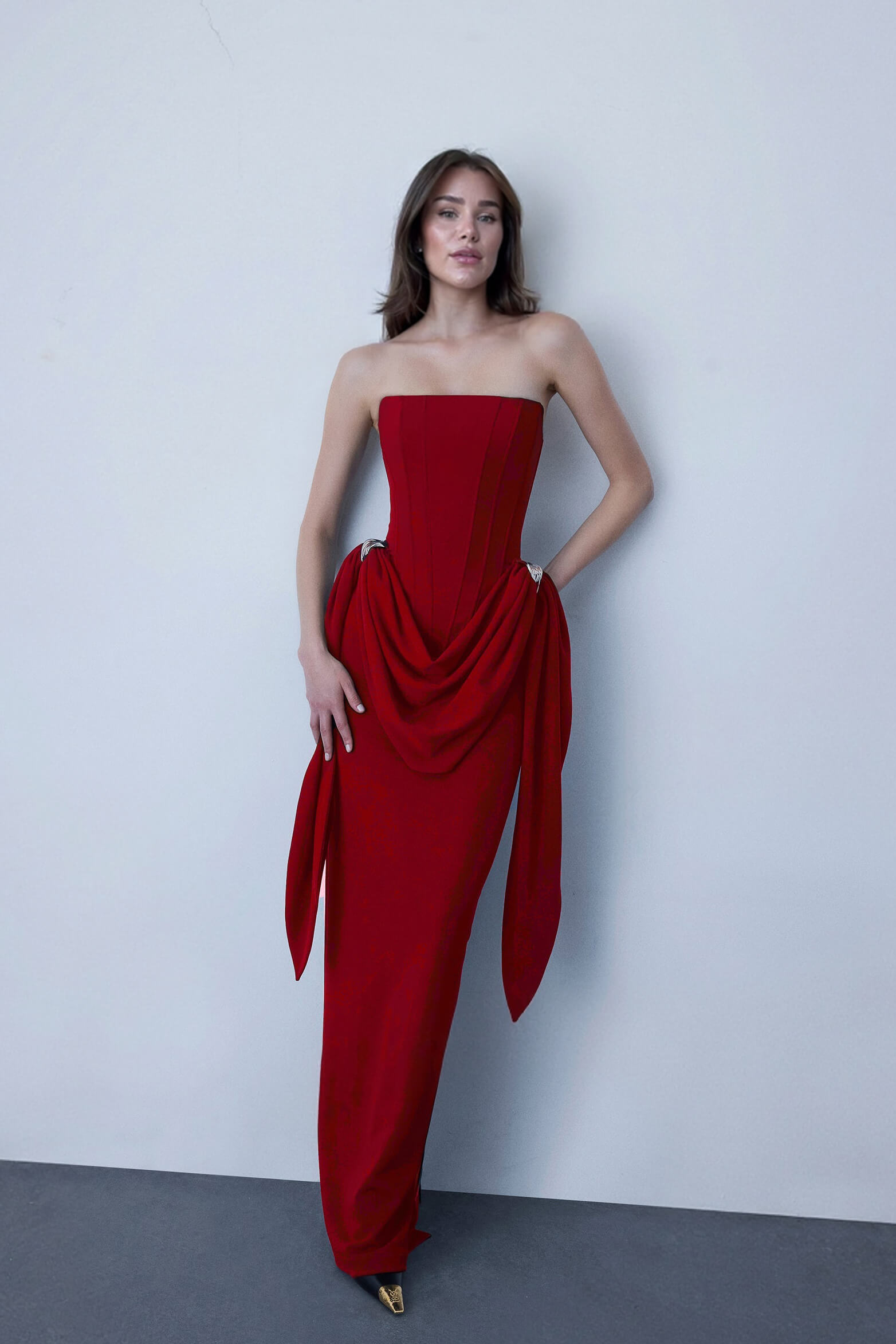 Elegant Red Strapless Ruched Metal Buckle Detail Maxi Dress