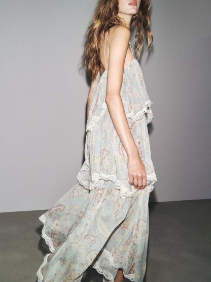 Retro Floral-Print Tiered Lace-Paneled Chiffon Maxi Dress