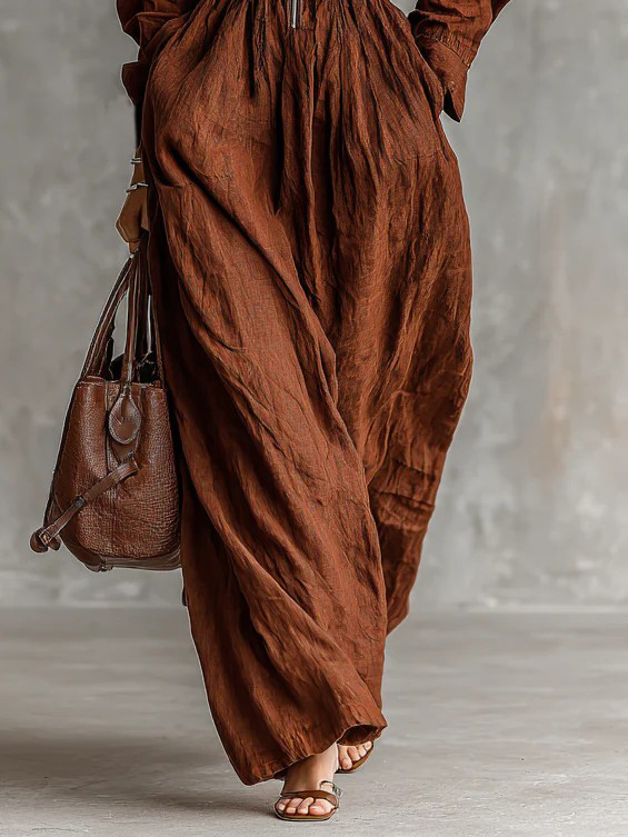 Casual Zip-up Collar Elastic Waist Maxi Dress