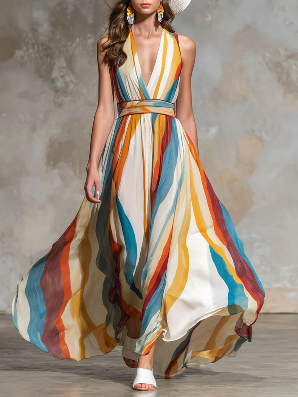 Retro Rainbow Striped Chiffon Sleeveless Maxi Dress