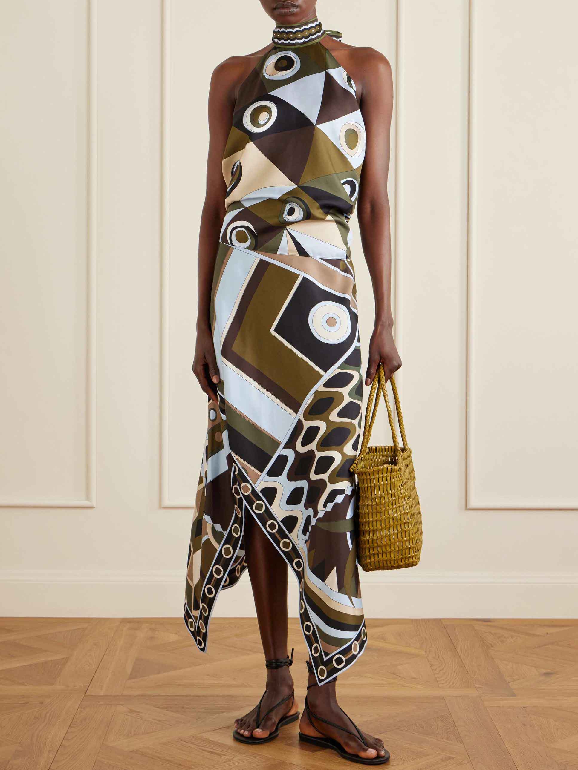 Retro Geometric Print Asymmetrical Skirt Two-Piece Set