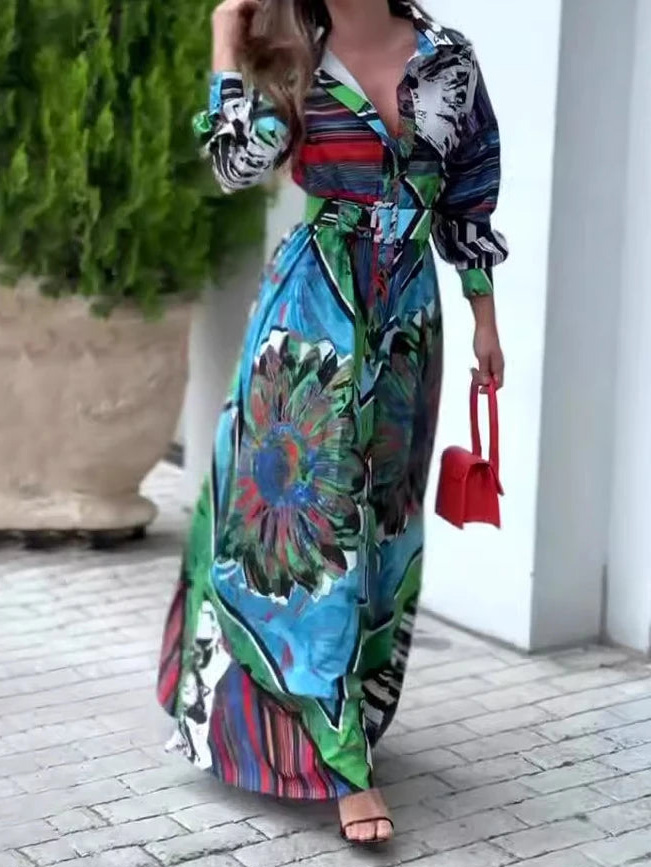 Abstract Print Belted Long Sleeve Slit Maxi Dress