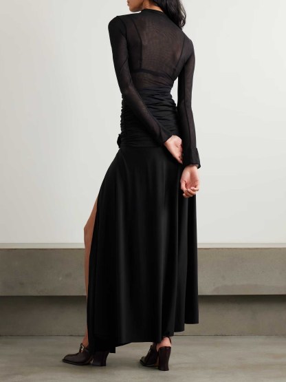 Elegant Sheer Mesh Pleated High-slit Maxi Dress