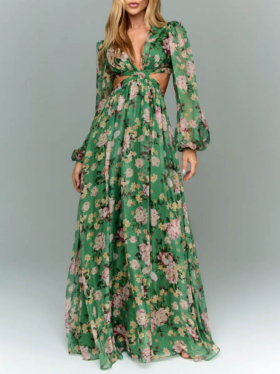 Elegant Floral Print Cutout Waist Long Sleeve Chiffon Maxi Dress