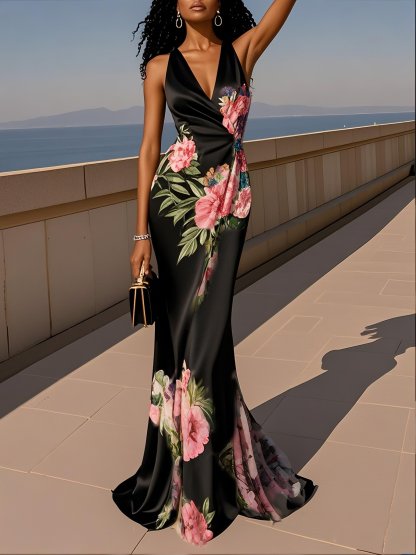 Elegant Floral Print Satin Mermaid Maxi Dress