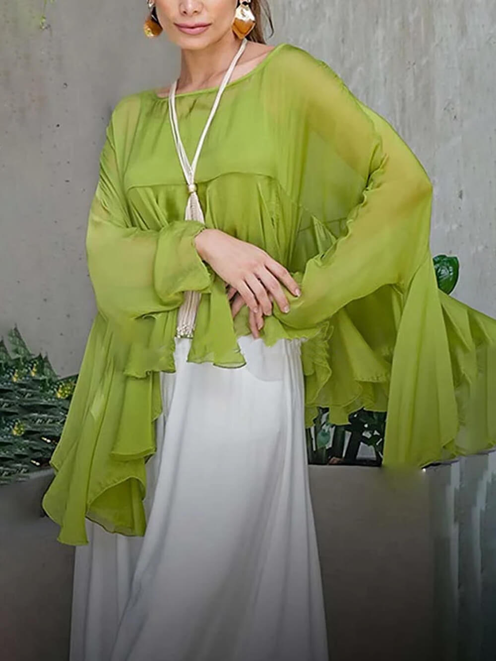 Elegant Romantic Journey Chiffon Ruffle Batwing Sleeve Top