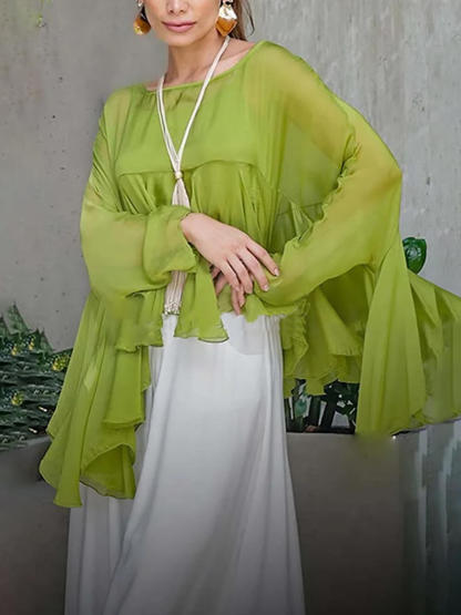 Elegant Romantic Journey Chiffon Ruffle Batwing Sleeve Top