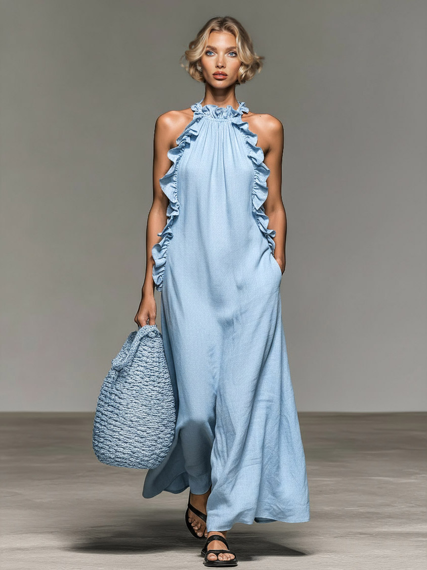 Elegant Ruffle Halter Neck Maxi Dress