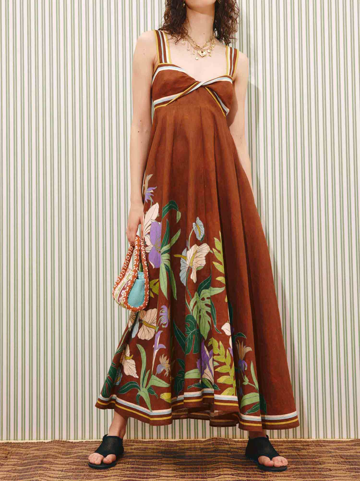 Elegant Botanical Print Strappy Maxi Dress