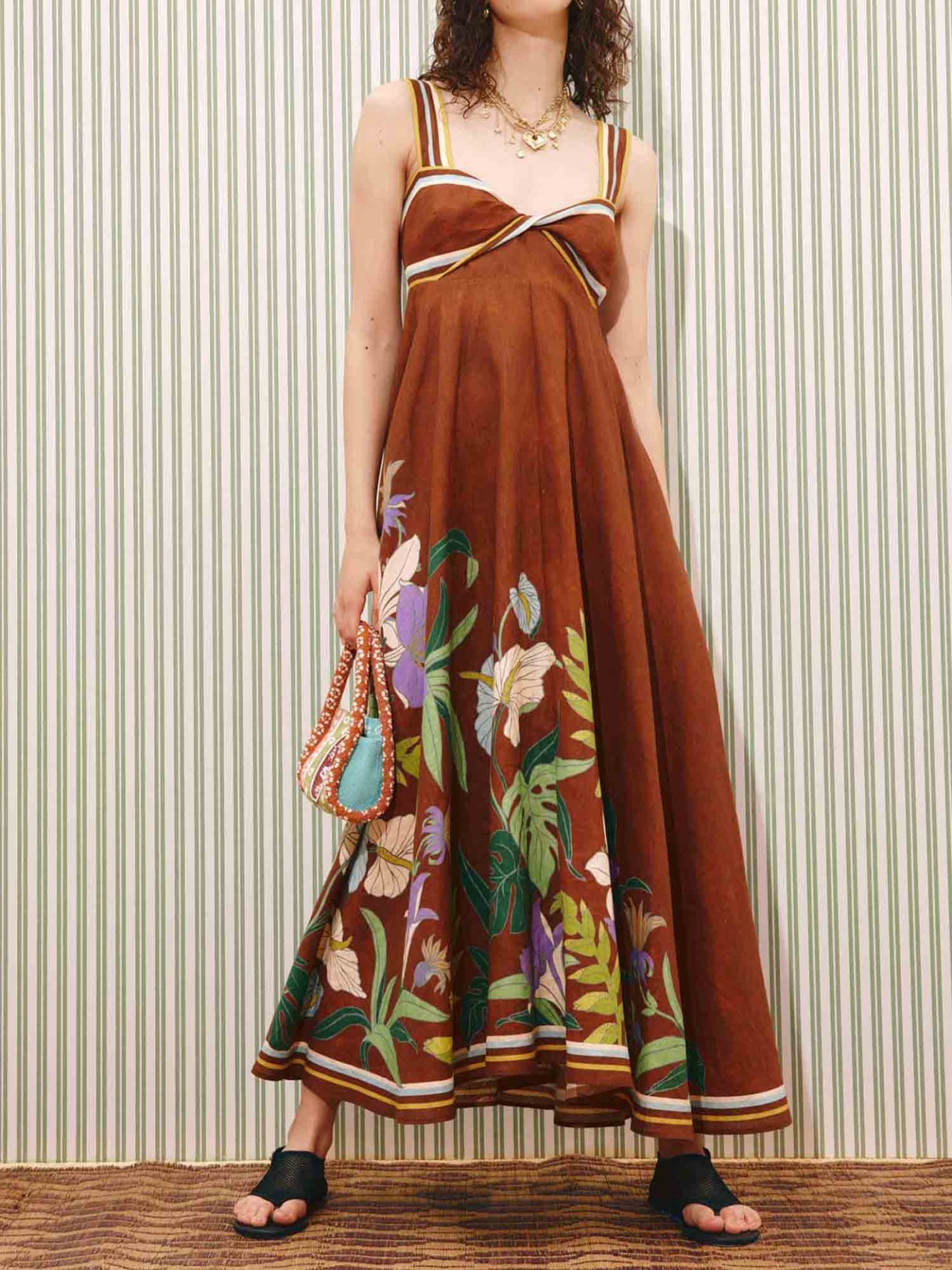 Elegant Botanical Print Strappy Maxi Dress
