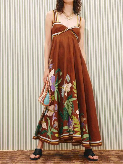 Elegant Botanical Print Strappy Maxi Dress