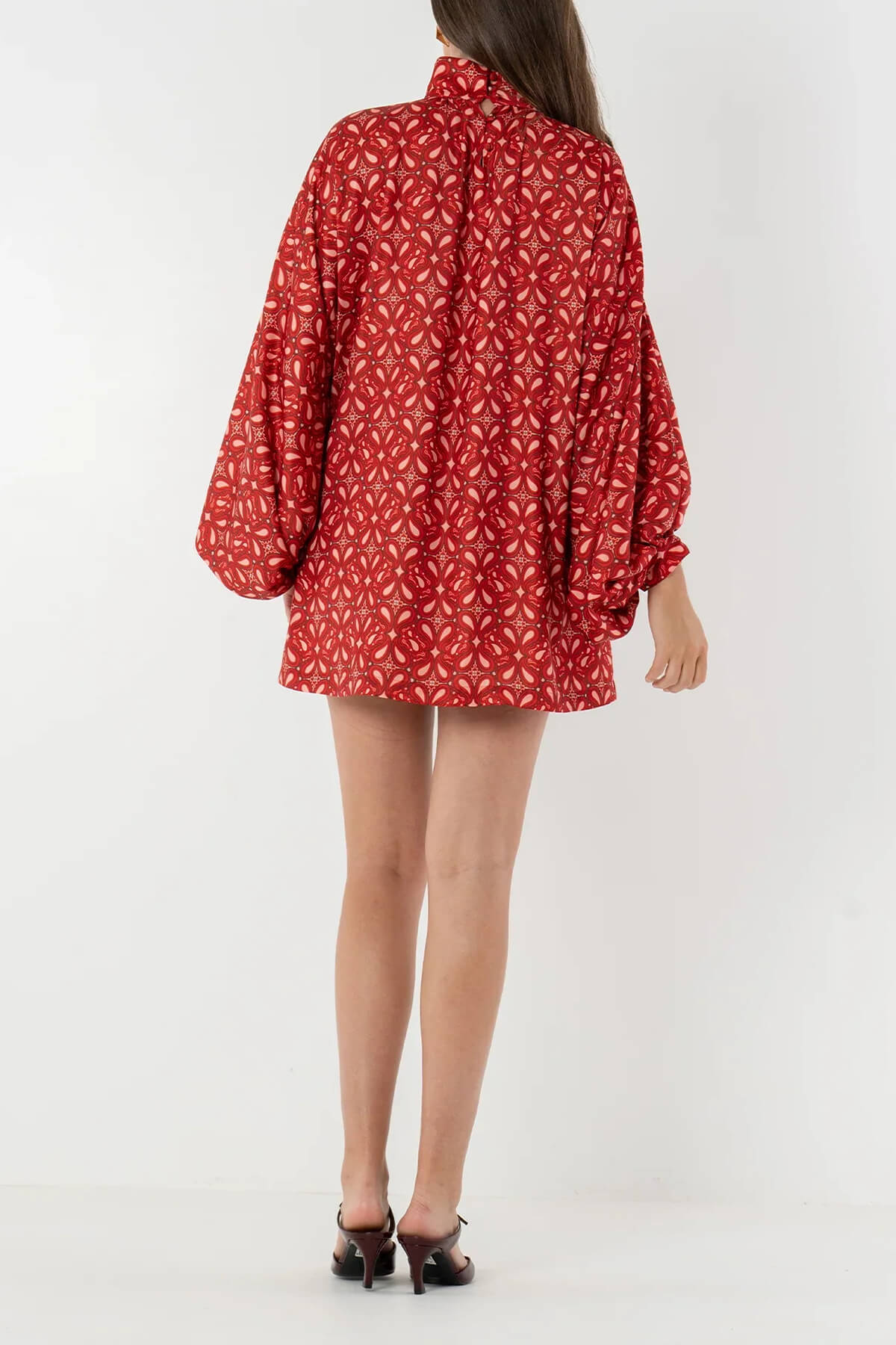 Retro Paisley Print High Neck Lantern Sleeve Draped Mini Dress
