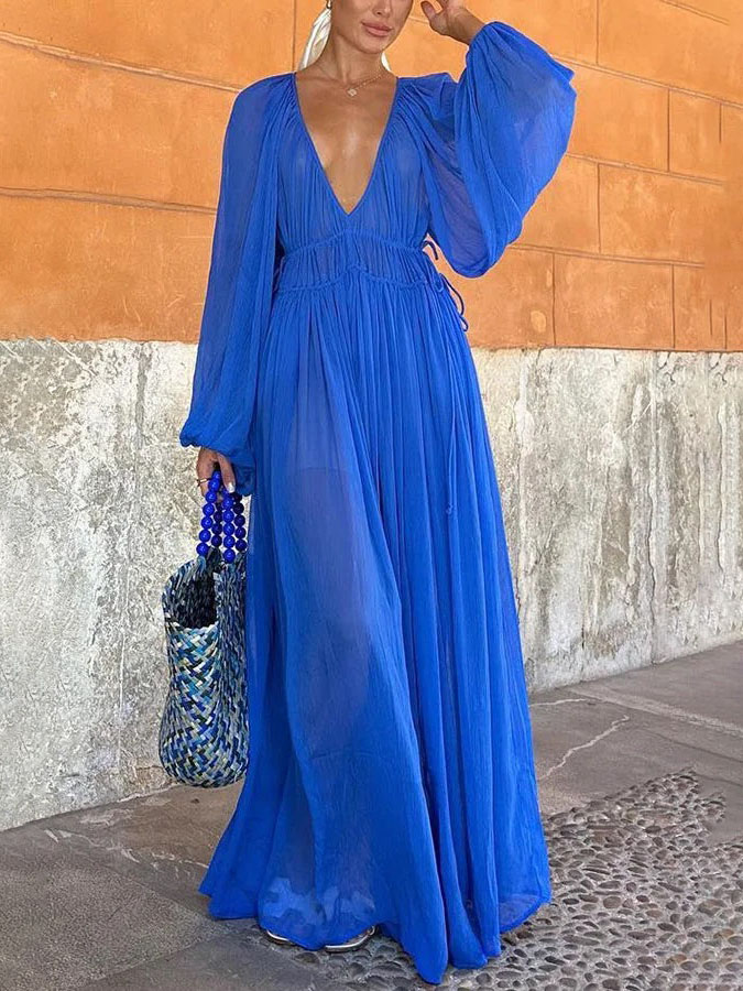 Elegant V-neck Chiffon Waist Pleated Maxi Dress