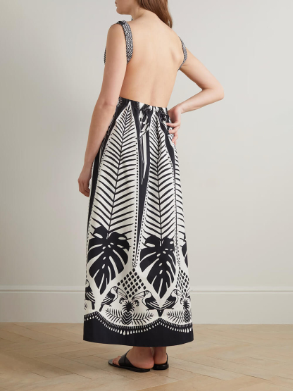 Elegant Open-Back Floral Print Satin Maxi Dress