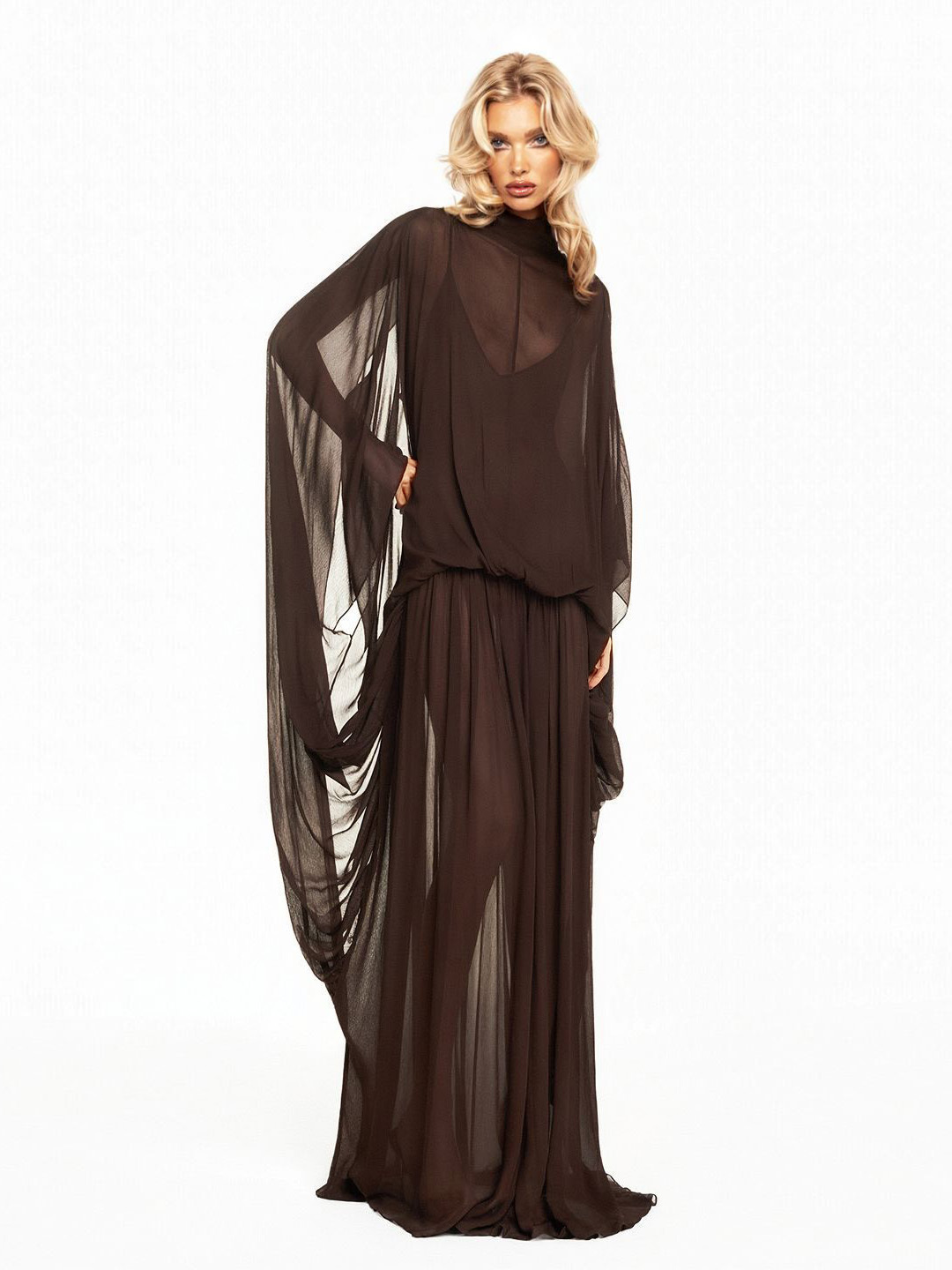 Exquisite Draped Sleeve Flowing Chiffon Maxi Dress