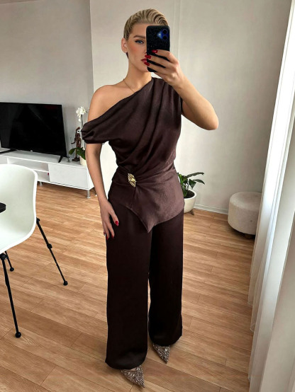 Elegant Satin One-Shoulder Draped Top & Wide-Leg Pants Two-Piece Set
