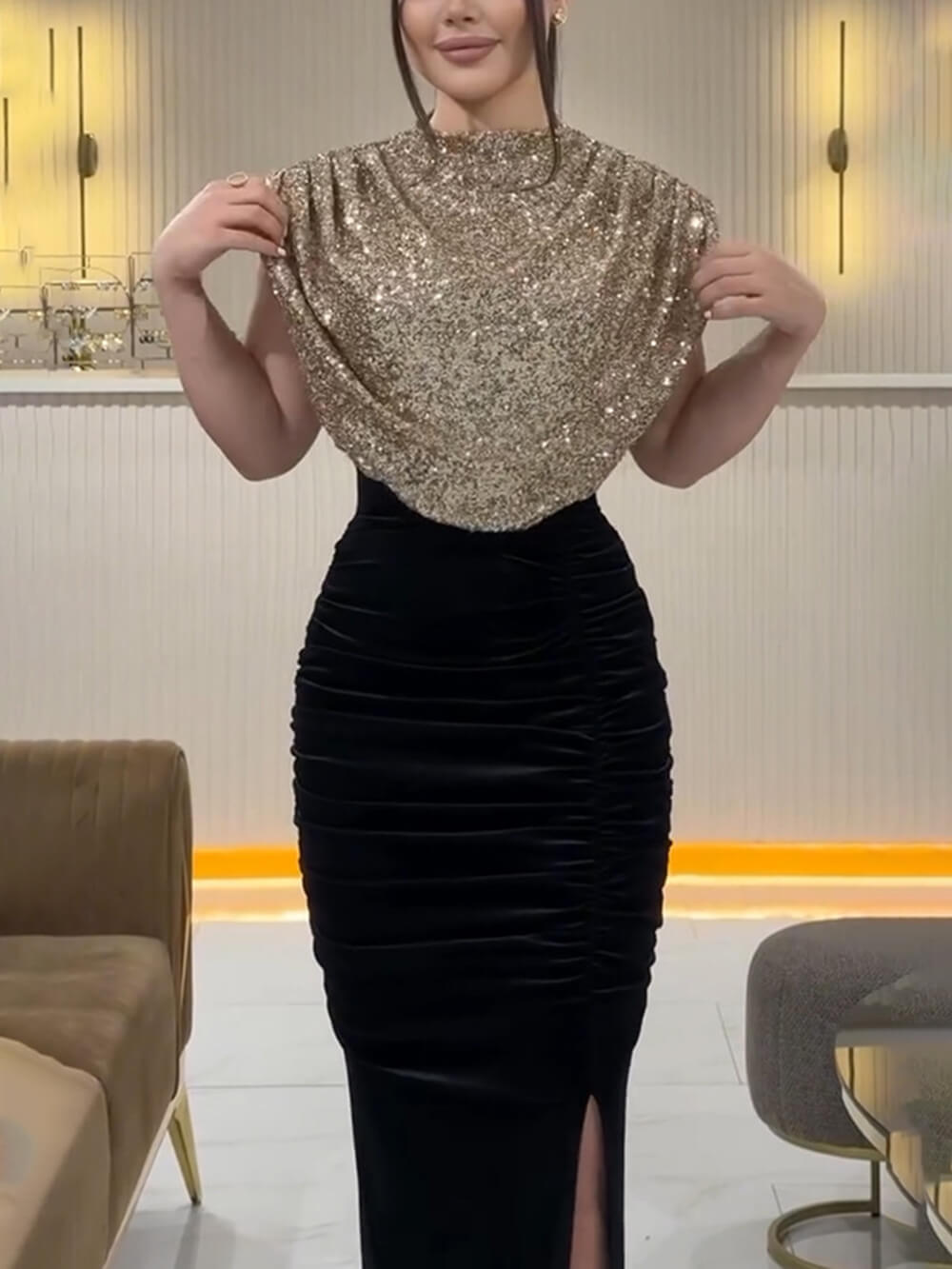 Sequin Panel Sleeveless Party Slit Dress