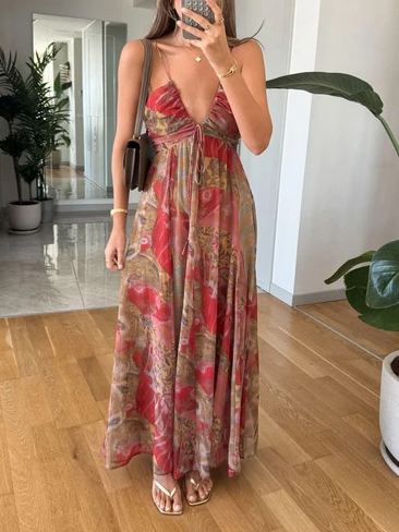 Retro Plant Print V-neck Suspender Maxi Dress