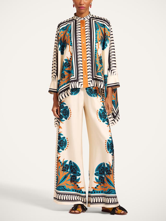 Exquisite Satin Floral Print Shirt & Wide-Leg Pants Set