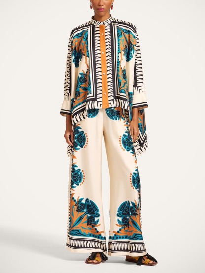 Exquisite Satin Floral Print Shirt & Wide-Leg Pants Set