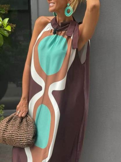 Unique Print Sleeveless Halter Neck Loose Holiday Maxi Dress