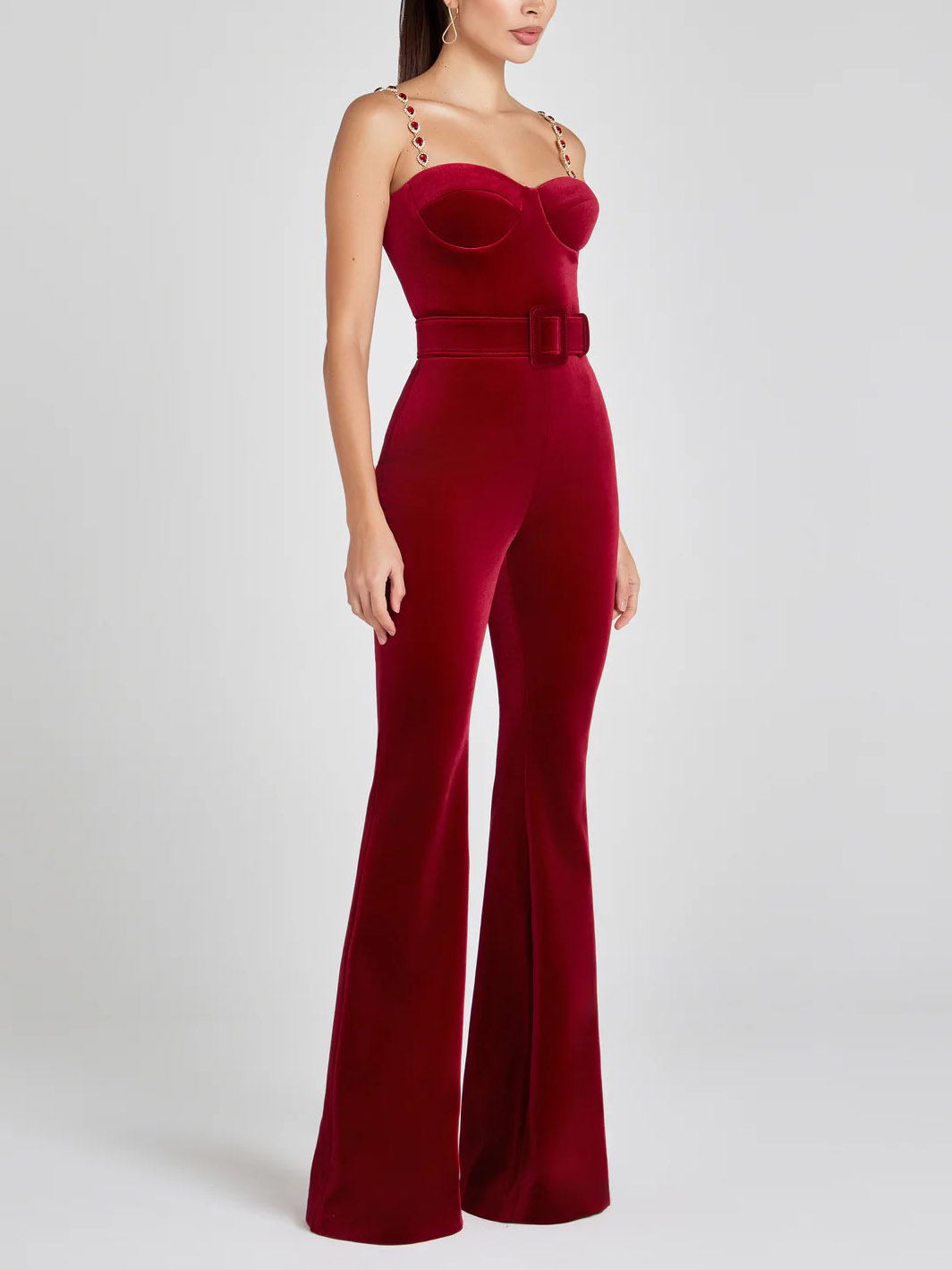 Elegant Velvet Crystal Suspender Red Jumpsuit