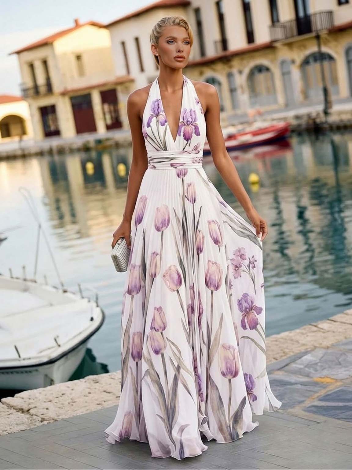 Elegant Tulip Print Pleated Chiffon Maxi Dress