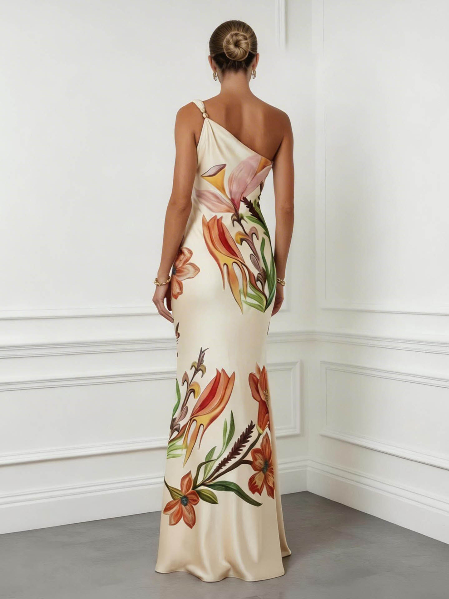 Elegant One-Shoulder Floral Print Satin Maxi Dress